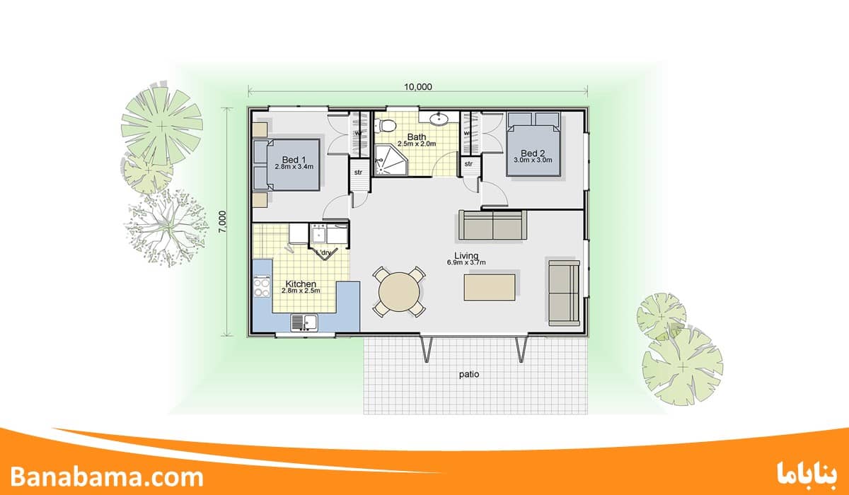 طراحی نقشه خانه 70 متری دو خوابه