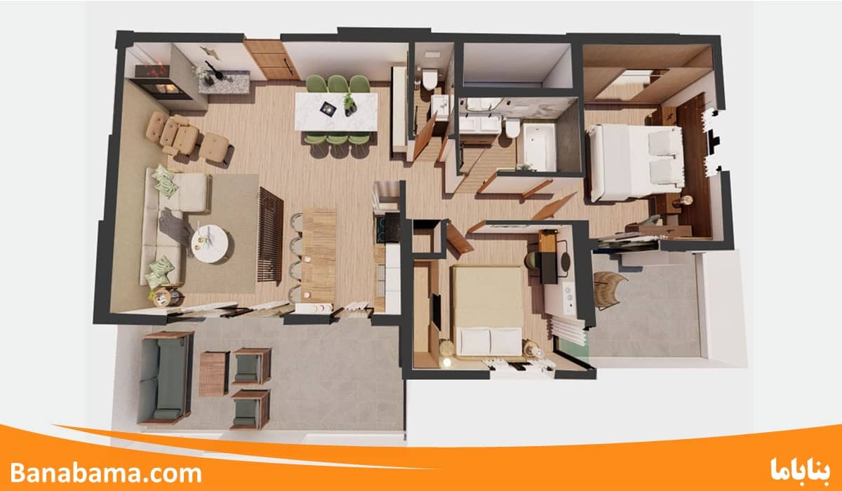 طراحی نقشه خانه دو خوابه 80 متری