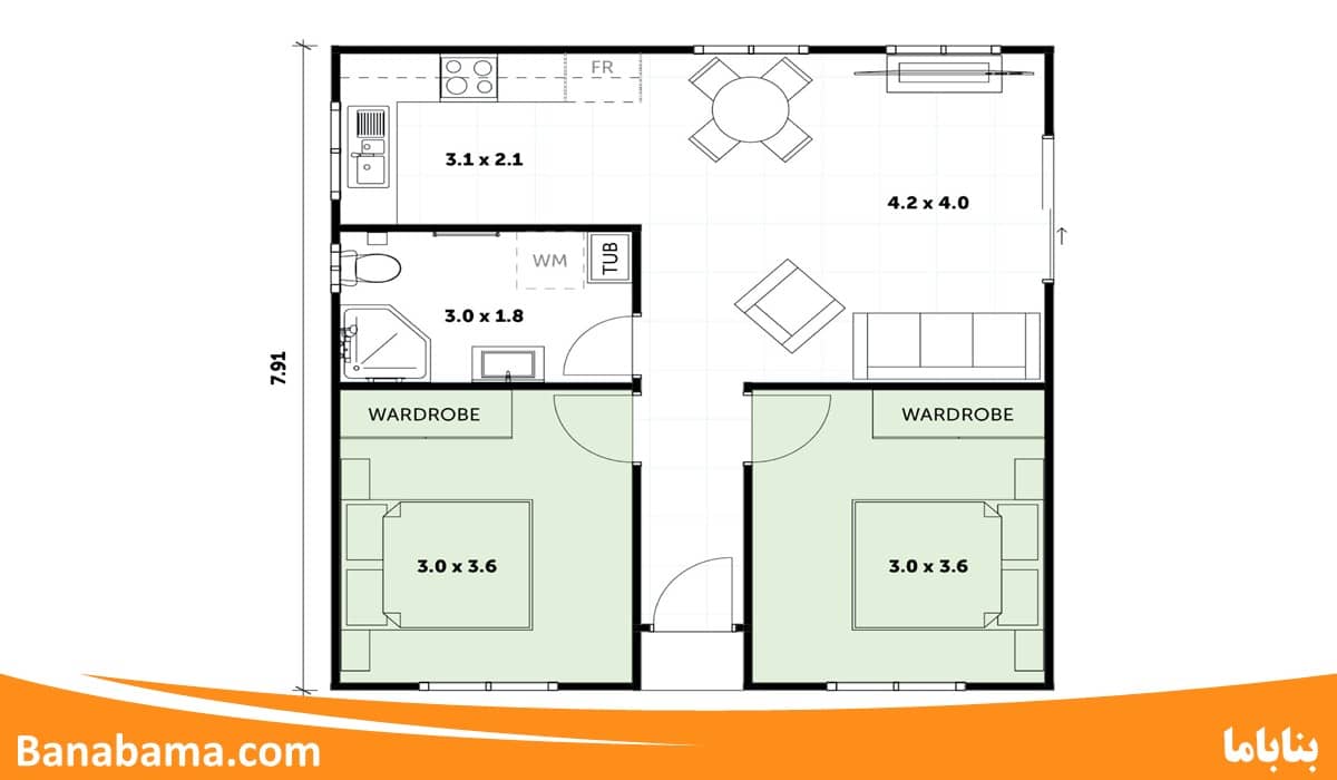 طراحی نقشه خانه دو خوابه 90 متری