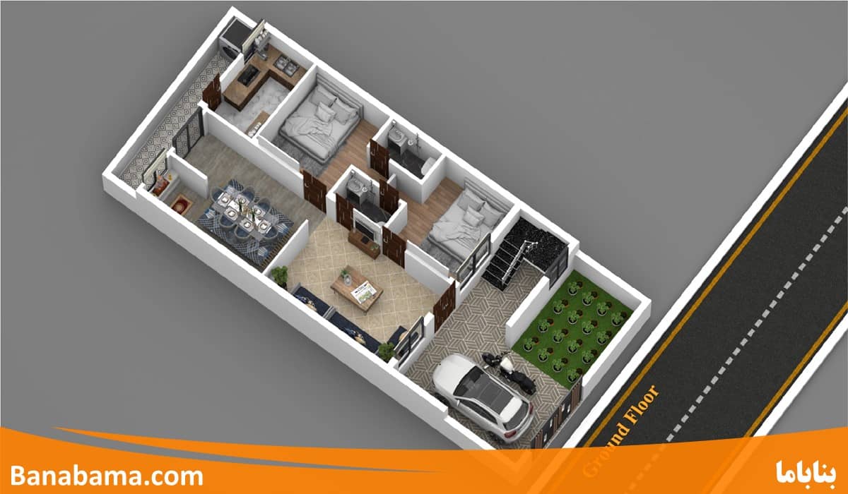 طراحی نقشه خانه ویلایی دو خوابه