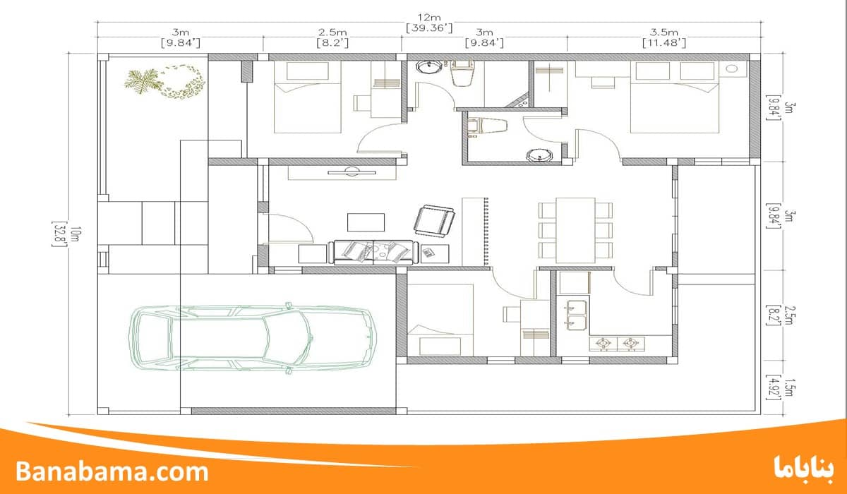 نقشه خانه ویلایی سه خوابه 120 متری