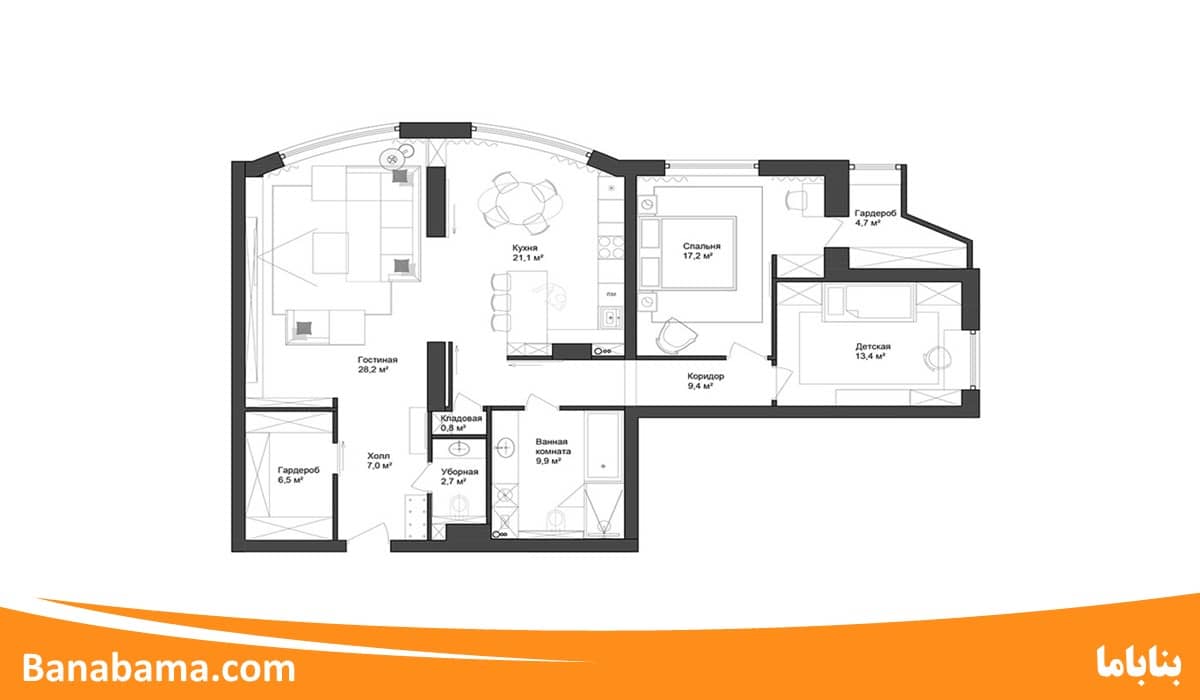پلان یک طبقه ویلایی 120 متری