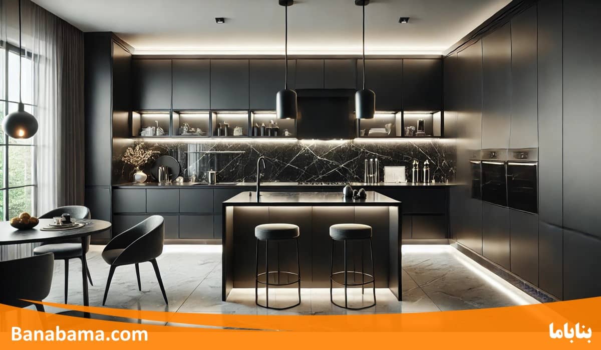 طراحی دکوراسیون آشپزخانه با کابینت مشکی با هوش مصنوعی